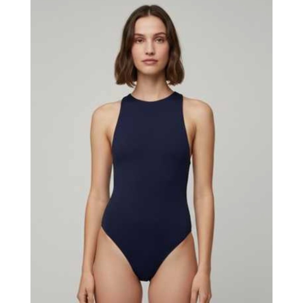 Babaton Contour High Neck Bodysuit Navy Luxury Minimalist Going Out Top Size XS